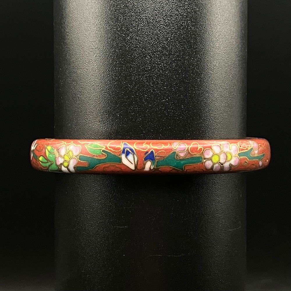 Vintage Cloisonne Enamel Bangle Bracelet Red Floral Hinged Brass 7.25 - Picture 5 of 9